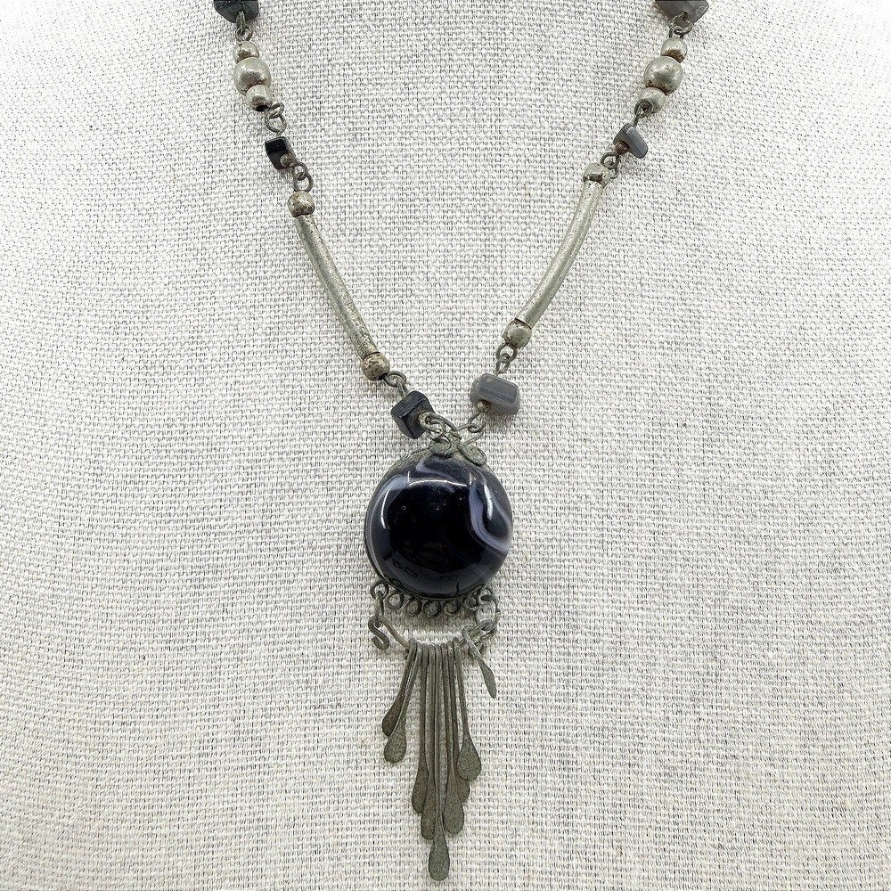 Necklace Vintage Silver Tone Beaded Station Purple Art Glass Orb Fringe Pendant